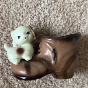 Vintage Ceramic Puppy and Boot Figurine